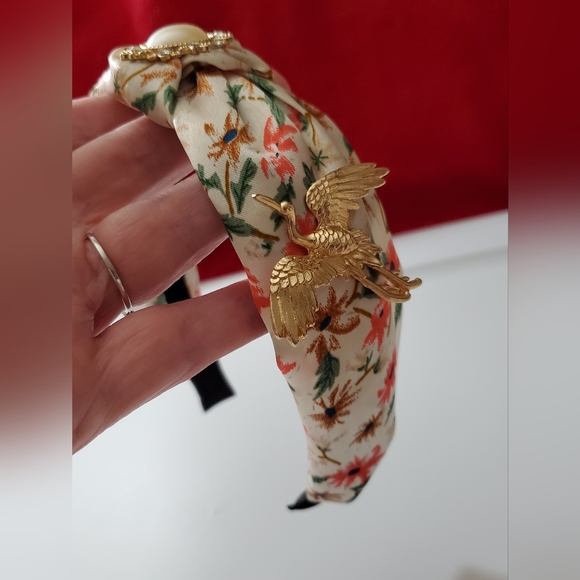 Headband crane heron bird floral satin vintage style handmade pearl crystals new - Picture 6 of 10